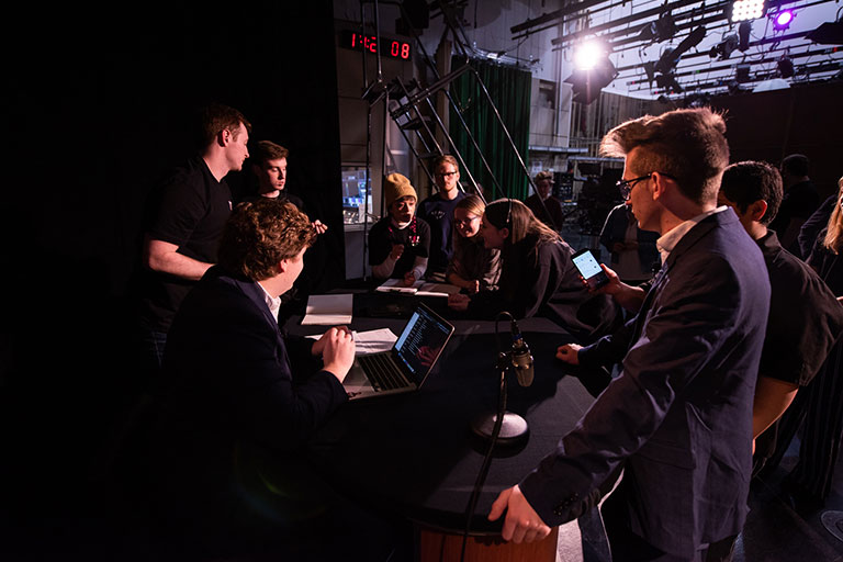 Student crew behind the scenes of the show 'Not Too Late'