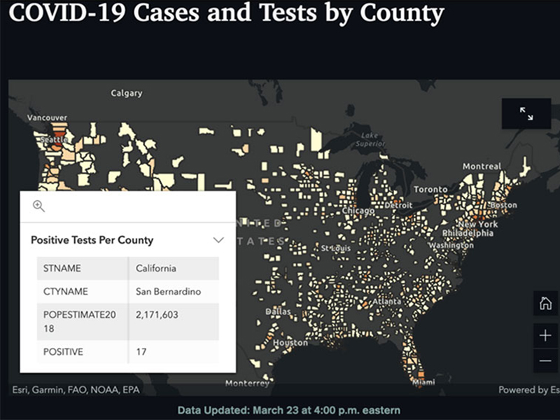 Screenshot of Reuters COVID tracking site, with info from San Bernadino, California, shown.