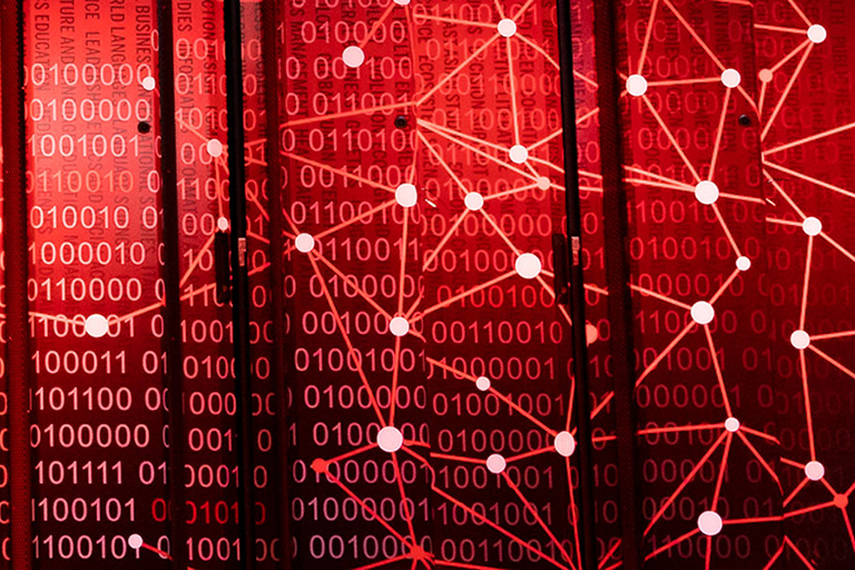 Red graphic with binary code in background.