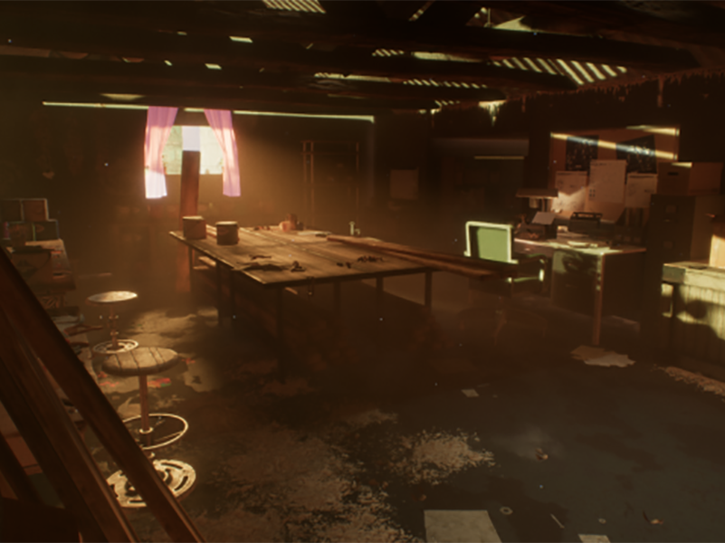 A screenshot from a student film. Shows interior of messy building in sepia tones.
